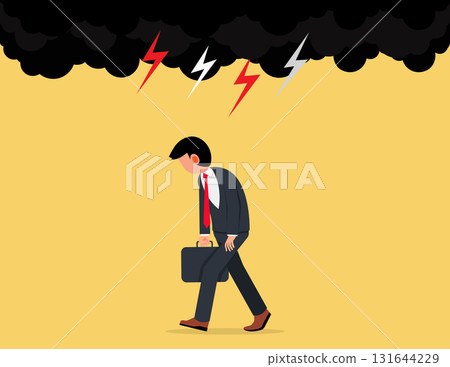Failure feeling bad or difficulty. Frustrated businesswoman walking in thunderstorm 131644229