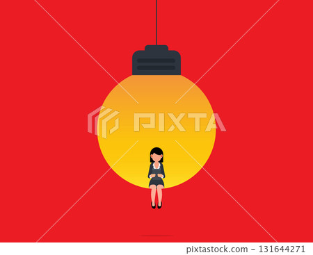 Symbol of creativity. Business woman sitting in light bulb with laptop. Symbol of creativity. Business woman sitting in light bulb with laptop. 131644271