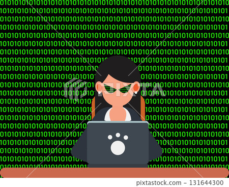 Hacker, Cyber criminal with laptop stealing user personal data. Female hacker with laptop tries cyber attack 131644300
