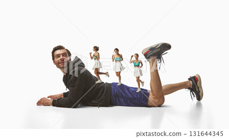 Tiny women running on man back in surreal fitness and empowerment collage 131644345