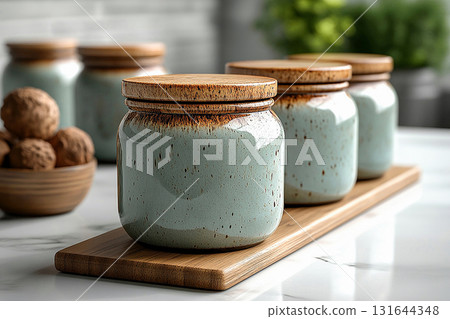 Kitchen design. Ceramic containers with lid for storing groceries in a rustic style on a white background. Concept of aesthetic organization of kitchen space. 131644348