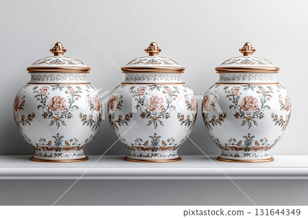 Presentation. Set of ceramic kitchen containers for cereals in Baroque style stand on a shelf on a white background. Concept of aesthetic organization of kitchen space. 131644349