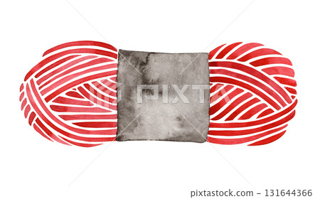 Watercolor illustration of a crochet pattern featuring a red ball of yarn. 131644366