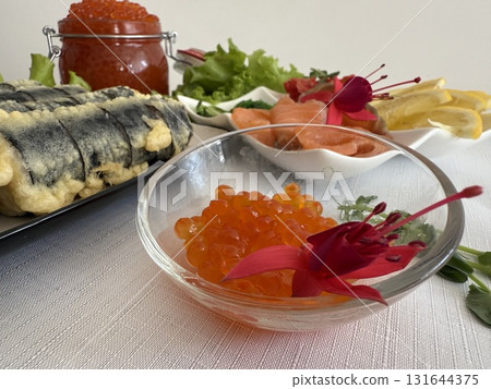 fried red caviar rolls sushi roll sashimi fried sushi , California roll rice noodles crab shrimp nigiri raw sushi fish salmon omega raw fish healthy food wasabi soy sauce 131644375