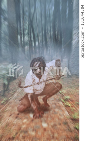Indonesian southeast asian scary male zombie with a wound and bloody holding a rusty iron bar on haunted forest. Scene is scary and creepy. Dramatic smoke or fog effect. Concept of Spooky Halloween 131644384