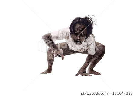 Portrait of an Indonesian southeast asian scary male zombie with a wound and blood on the body isolated over a white background. Spooky expression. Concept of Halloween or Horror 131644385
