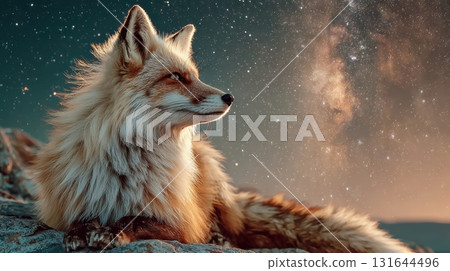 Majestic Fox Gazing at Starry Night Sky in Enchanting Landscape 131644496