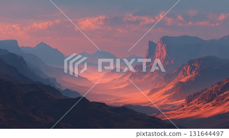 Majestic Landscape of Mountains and Valleys at Sunset with Shadows 131644497