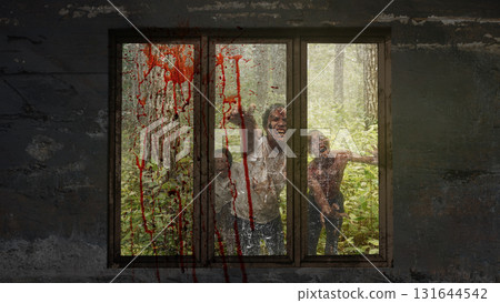 Three Indonesian southeast asian scary male zombies with wounds and bloody haunted behind the old wooden window on the grungy wall. The scene is scary and creepy. Concept of Spooky Halloween Three Indonesian southeast asian scary male zombies with wounds and bloody haunted behind the old wooden window on the grungy wall. The scene is scary and creepy. Concept of Spooky Halloween 131644542