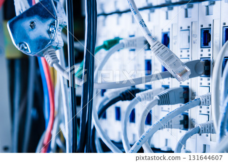Detail of server room with bunch ethernet cables at the back of 131644607
