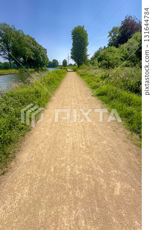 A Bright and Sunny Pathway Alongside a Serene and Picturesque River Bank in Nature 131644784