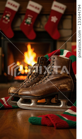 Vintage Leather Ice Skates by a Cozy Fireplace with Christmas Stockings Vintage Leather Ice Skates by a Cozy Fireplace with Christmas Stockings 131644794