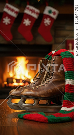 Vintage Leather Ice Skates by a Cozy Fireplace with Christmas Stockings Vintage Leather Ice Skates by a Cozy Fireplace with Christmas Stockings 131644795