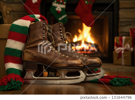 Vintage Leather Ice Skates by a Cozy Fireplace with Christmas Stockings Vintage Leather Ice Skates by a Cozy Fireplace with Christmas Stockings 131644796