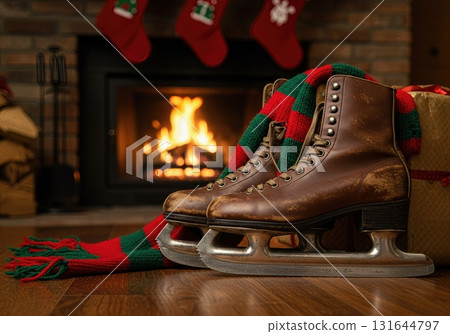 Vintage Leather Ice Skates by a Cozy Fireplace with Christmas Stockings 131644797