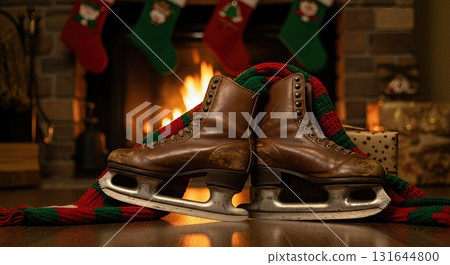 Vintage Leather Ice Skates by a Cozy Fireplace with Christmas Stockings Vintage Leather Ice Skates by a Cozy Fireplace with Christmas Stockings 131644800