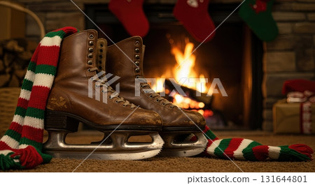 Vintage Leather Ice Skates by a Cozy Fireplace with Christmas Stockings Vintage Leather Ice Skates by a Cozy Fireplace with Christmas Stockings 131644801
