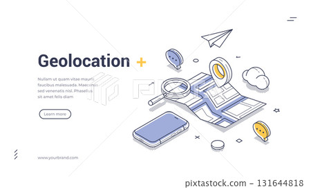 Geolocation map tracking GPS navigation mobile app isometric web banner design template line vector 131644818