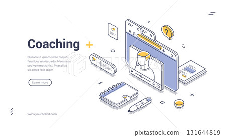 Coaching e learning remotely education isometric web banner design template line vector 131644819
