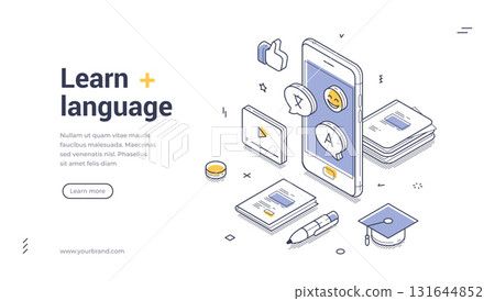 Learn language education mobile application isometric web banner design template line vector 131644852