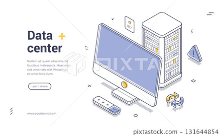 Data center cloud computing hardware server isometric web banner design template line vector 131644854
