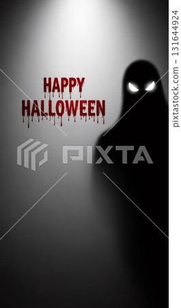 Dark silhouette of a ghostly figure with glowing eyes against a wall, featuring blood-dripping text that reads Happy Halloween, creating an eerie and festive atmosphere for the holiday.  131644924