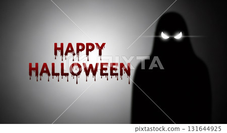 Dark silhouette of a ghostly figure with glowing eyes against a wall, featuring blood-dripping text that reads Happy Halloween, creating an eerie and festive atmosphere for the holiday.  131644925
