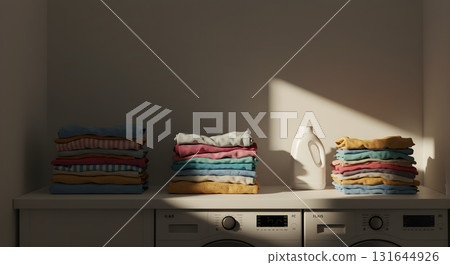 Contemporary laundry room with washing machines, colorful folded towels and clothing stacked, cleaning supplies, and basket, organized environment for household chores. Home organization and housework 131644926