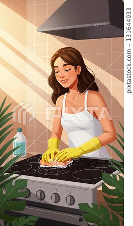 Female in yellow rubber gloves is actively cleaning kitchen countertop and stove with sponge, surrounded by modern house featuring natural light, minimalistic decor, creating fresh, inviting ambiance 131644933
