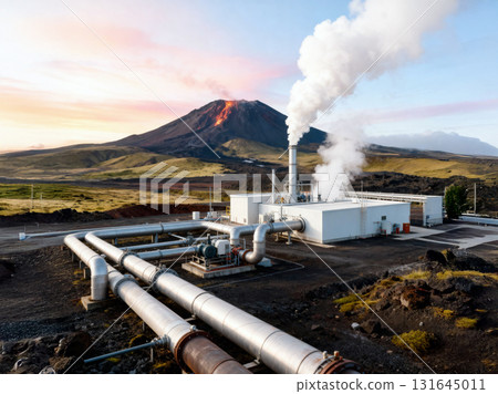 Geothermal Power Plant with Active Volcano at Sunset 131645011