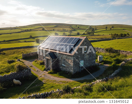 Rural Stone House with Solar Panels in Green Countryside Rural Stone House with Solar Panels in Green Countryside 131645012