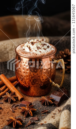 Cozy Winter Hot Chocolate in a Polished Copper Mug with Whipped Cream and Spices 131645067