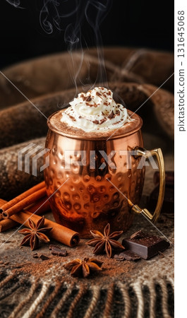 Cozy Winter Hot Chocolate in a Polished Copper Mug with Whipped Cream and Spices 131645068