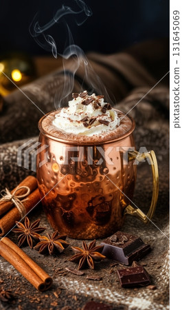 Cozy Winter Hot Chocolate in a Polished Copper Mug with Whipped Cream and Spices 131645069