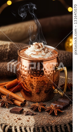 Cozy Winter Hot Chocolate in a Polished Copper Mug with Whipped Cream and Spices 131645070