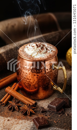 Cozy Winter Hot Chocolate in a Polished Copper Mug with Whipped Cream and Spices 131645071