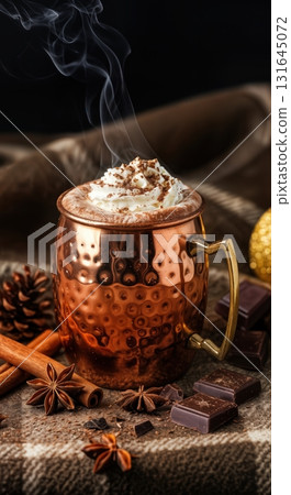 Cozy Winter Hot Chocolate in a Polished Copper Mug with Whipped Cream and Spices 131645072