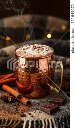 Cozy Winter Hot Chocolate in a Polished Copper Mug with Whipped Cream and Spices 131645073
