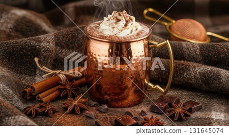 Cozy Winter Hot Chocolate in a Polished Copper Mug with Whipped Cream and Spices 131645074