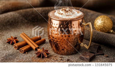 Cozy Winter Hot Chocolate in a Polished Copper Mug with Whipped Cream and Spices 131645075