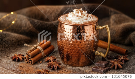 Cozy Winter Hot Chocolate in a Polished Copper Mug with Whipped Cream and Spices 131645076