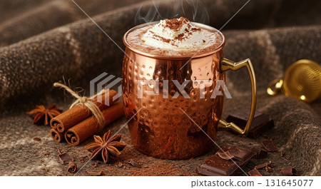 Cozy Winter Hot Chocolate in a Polished Copper Mug with Whipped Cream and Spices 131645077