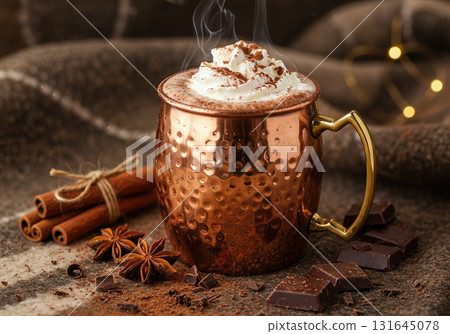 Cozy Winter Hot Chocolate in a Polished Copper Mug with Whipped Cream and Spices 131645078