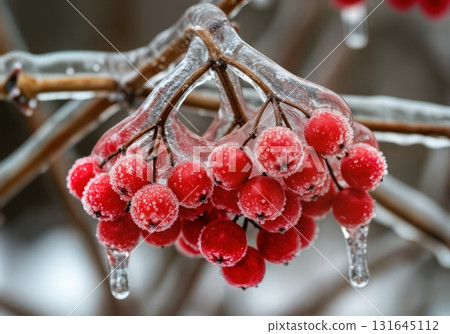 Vibrant Red Winter Berries Encased in Glistening Clear Ice in a Frosted Winter Scene 131645112