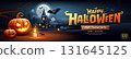 Happy Halloween party text message design, pumpkins, on fullmoon, banner design 131645125
