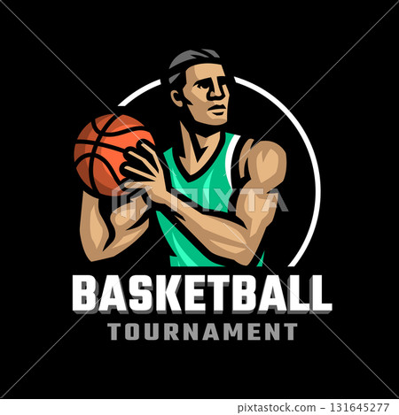 Logo of a basketball player with a ball in his hands on dark background. Logo of a basketball player with a ball in his hands on dark background. 131645277