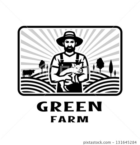 A farmer holding a piglet in his hands against the background of a farm. Logo, emblem. A farmer holding a piglet in his hands against the background of a farm. Logo, emblem. 131645284