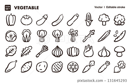 手繪蔬菜圖示插圖集。 EPS 版本可編輯以變更線條粗細等。 131645293