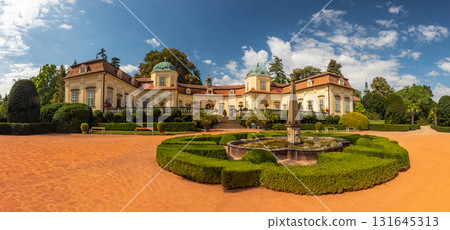 chateau with a fountain in the castle garden, Buchlovice Castle, Czech republic 131645313