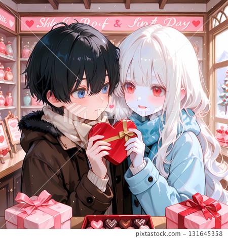 A couple giving chocolates. Valentine's Day between an albino girl and a blue-eyed boy. Cute manga-style AI illustration 131645358
